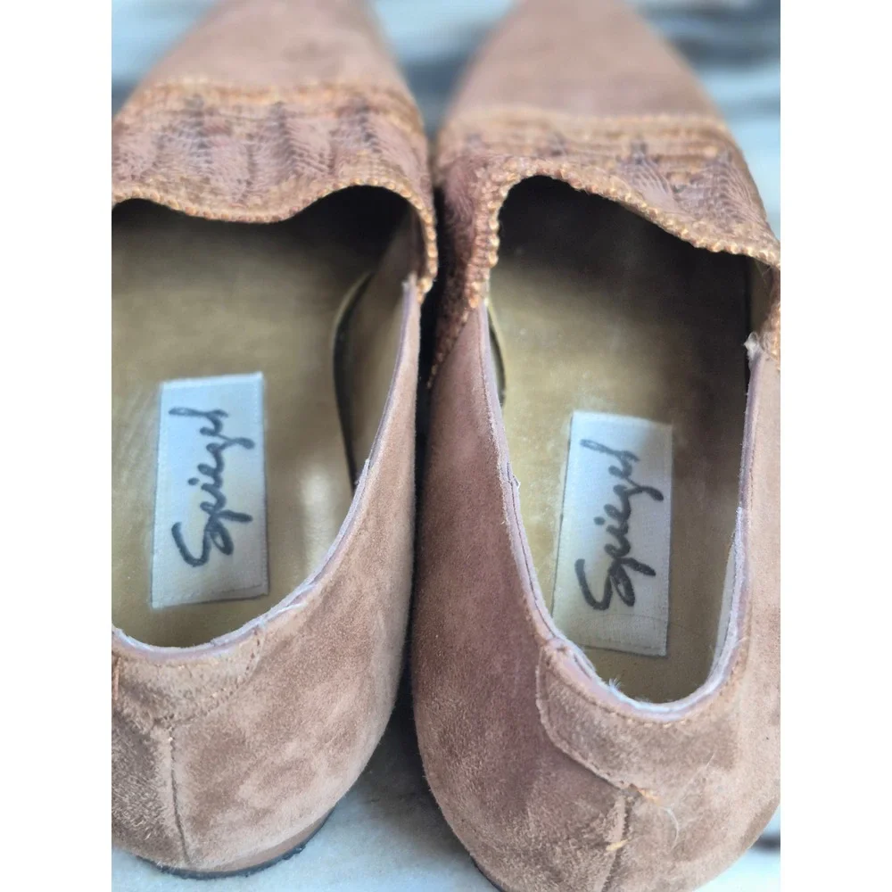 Spiegel Vintage Tan Suede Woven Vamp Pointed Toe Loafers Made in Italy Size 7.5M